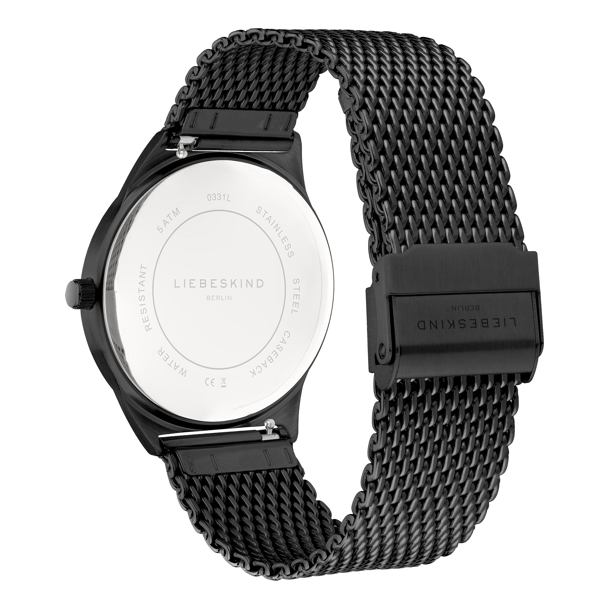 Liebeskind Berlin Armbanduhr mit schwarzem Zifferblatt, schwarzem Gehäuse und schwarzem Meshband Rückansicht