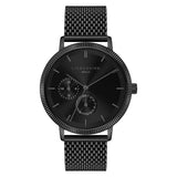 Liebeskind Berlin Armbanduhr mit schwarzem Zifferblatt, schwarzem Gehäuse, geriffeltem Topring und schwarzem Meshband Produktbild