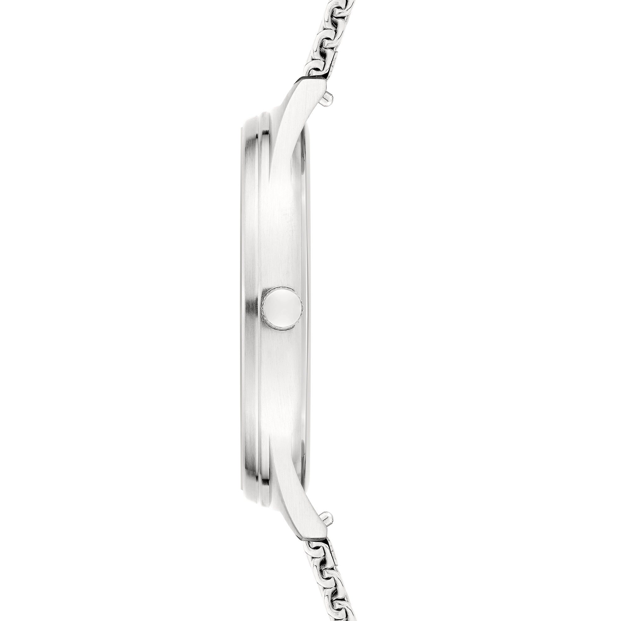 Liebeskind Berlin Armbanduhr mit silbernem Gehäuse und silbernem Milanaiseband Seitenansicht
