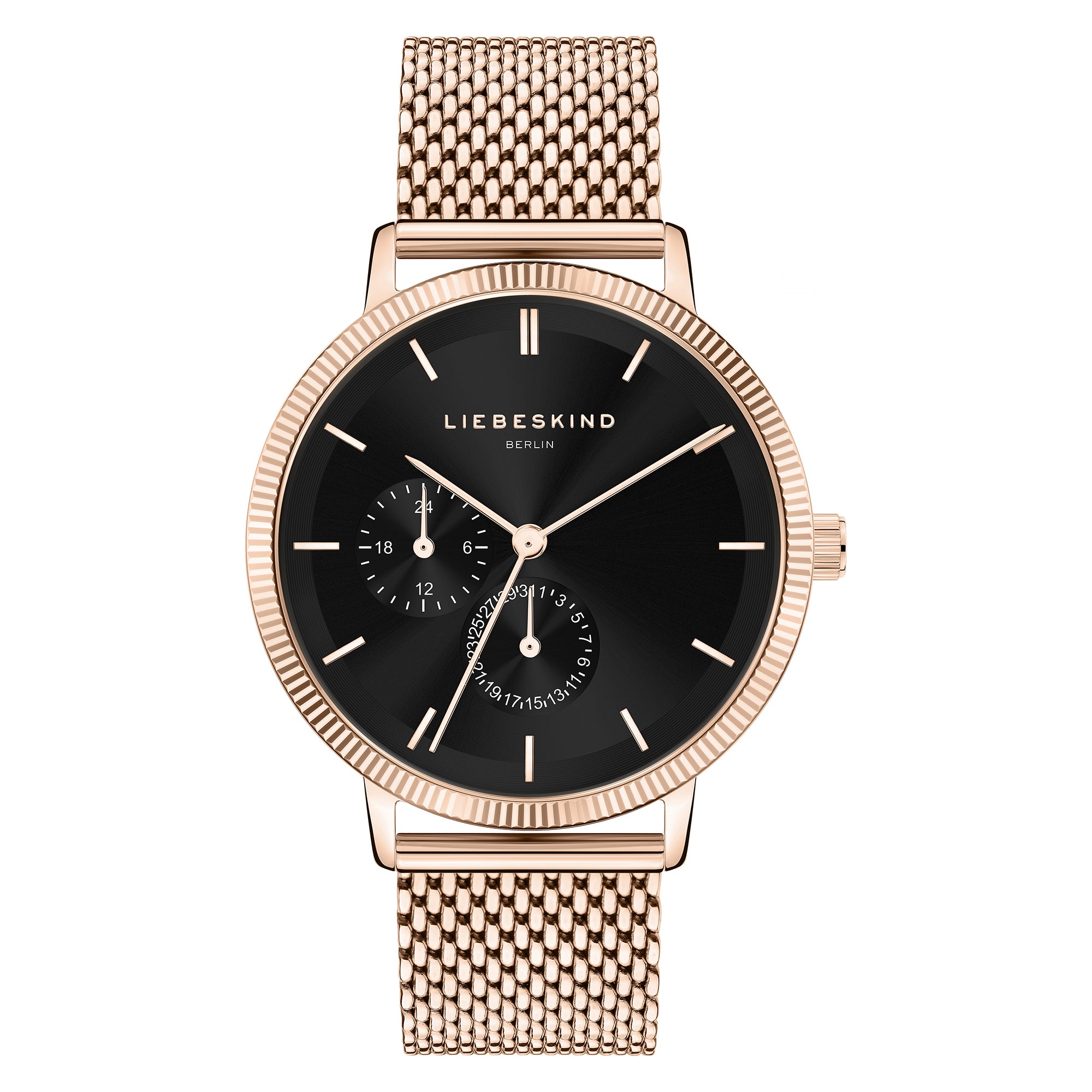 Liebeskind Berlin Armbanduhr mit schwarzem Zifferblatt, roségoldenem Gehäuse, geriffeltem Topring und roségoldenem Meshband Produktbild
