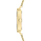 Seitenansicht der LIEBESKIND BERLIN Armbanduhr - Clean Multifunction von Liebeskind Berlin, mit rundem Goldgehäuse und gekoppeltem Edelstahl-Metallband.