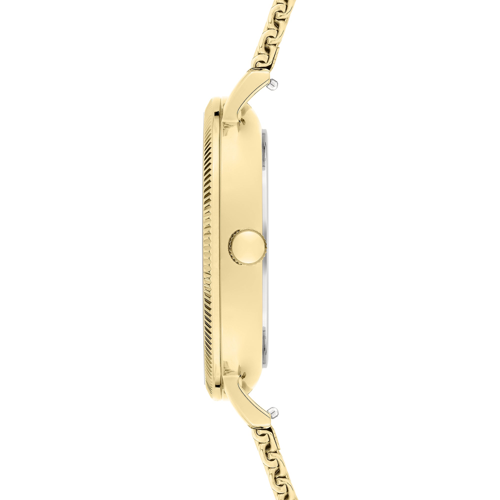 Seitenansicht der LIEBESKIND BERLIN Armbanduhr - Clean Multifunction von Liebeskind Berlin, mit rundem Goldgehäuse und gekoppeltem Edelstahl-Metallband.