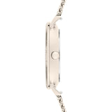 Liebeskind Berlin Armbanduhr mit roségoldenem Gehäuse, geriffeltem Topring und roségoldenem Meshband Seitenansicht