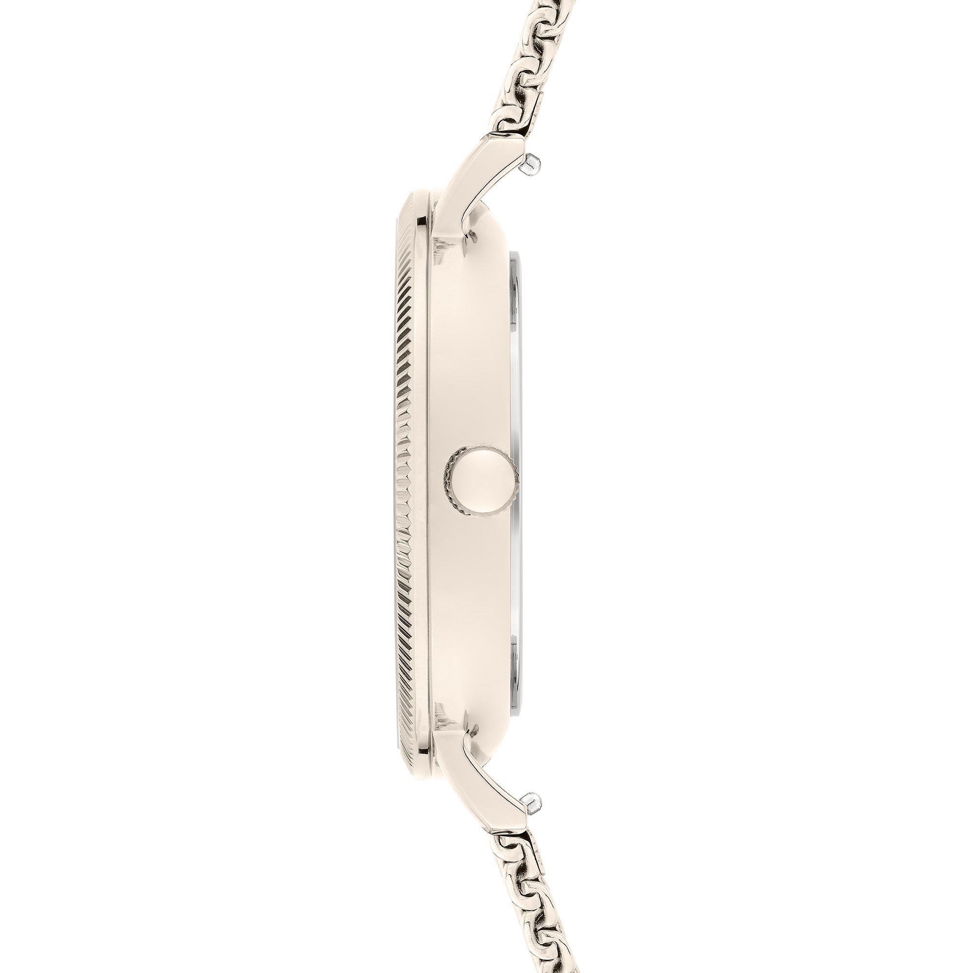 Liebeskind Berlin Armbanduhr mit roségoldenem Gehäuse, geriffeltem Topring und roségoldenem Meshband Seitenansicht