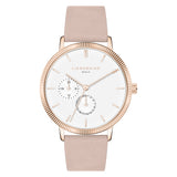Liebeskind Berlin Armbanduhr mit roségoldenem Gehäuse, geriffeltem Topring und rosa Lederband Produktbild