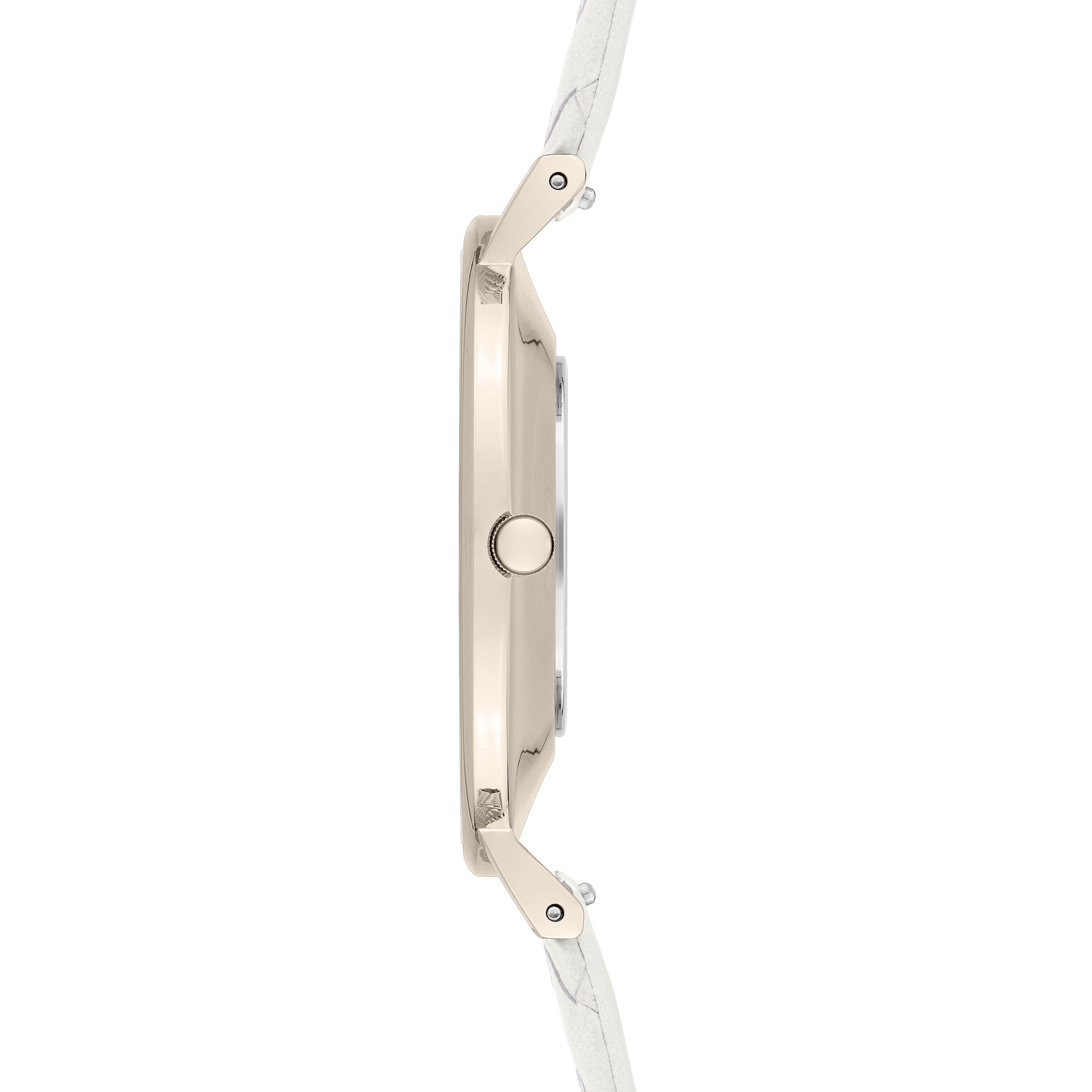 Liebeskind Berlin Armbanduhr mit Ziffernblatt und Gehäuse in der Farbe frozen rosé und weiß geflochtenem Lederarmband Seitenansicht