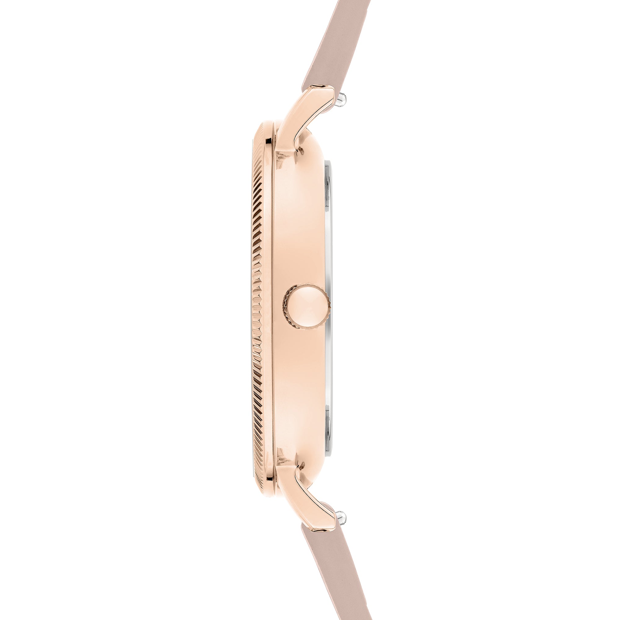 Seitenansicht der LIEBESKIND BERLIN Armbanduhr - Clean Multifunction von Liebeskind Berlin in Roségold mit beigefarbenem Armband, die ihre Krone und ihr schlankes Profil zeigt - eine moderne Business-Uhr für jede Gelegenheit.