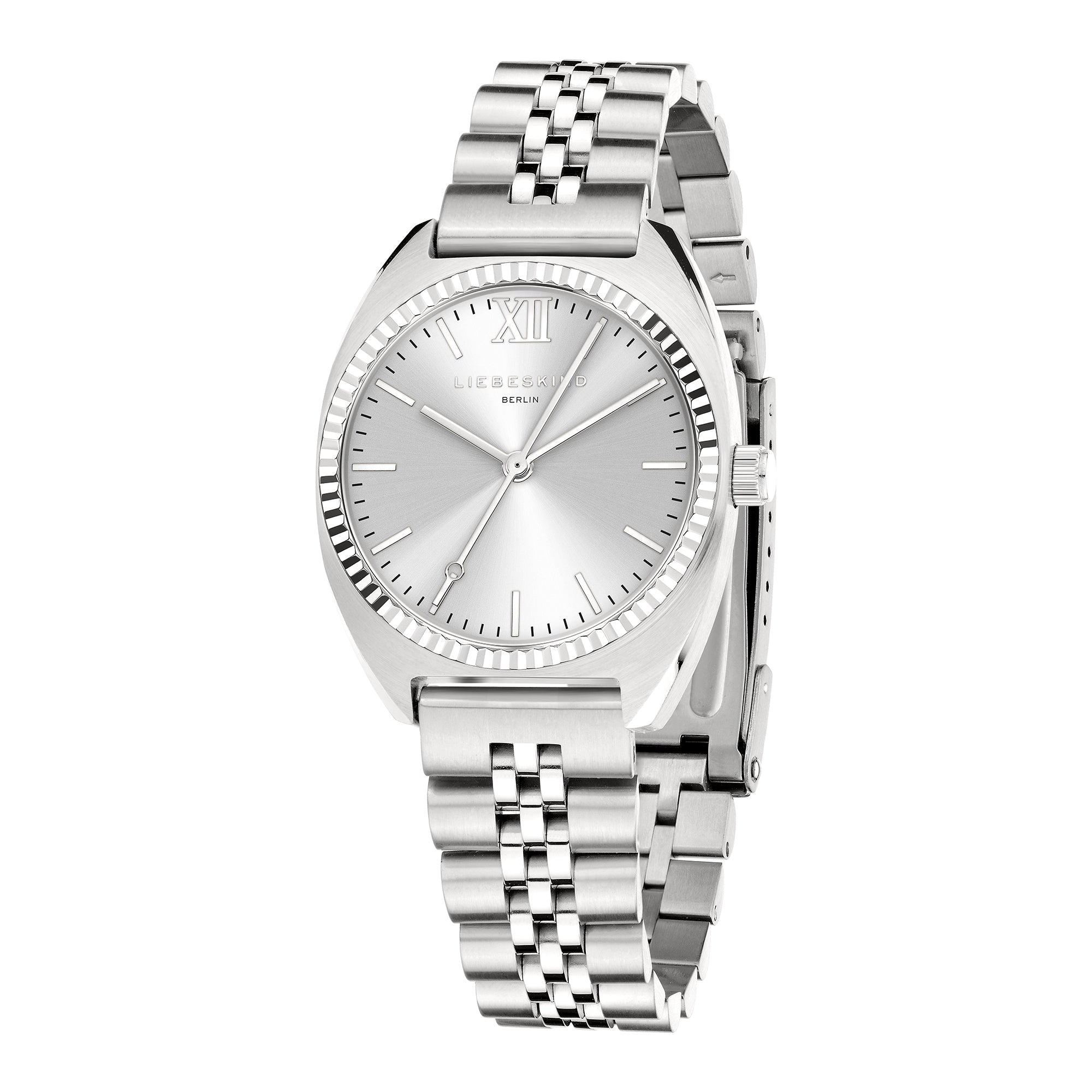 Liebeskind Berlin Armbanduhr mit kleinem silbernem Gehäuse, glänzend-geriffeltem Topring und silbernem Edelstahlband Zusatzbild