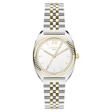 Liebeskind Berlin Armbanduhr mit kleinem silbernem Gehäuse, gold glänzend-geriffeltem Topring und bicolor Edelstahlband in gold und silber Produktbild