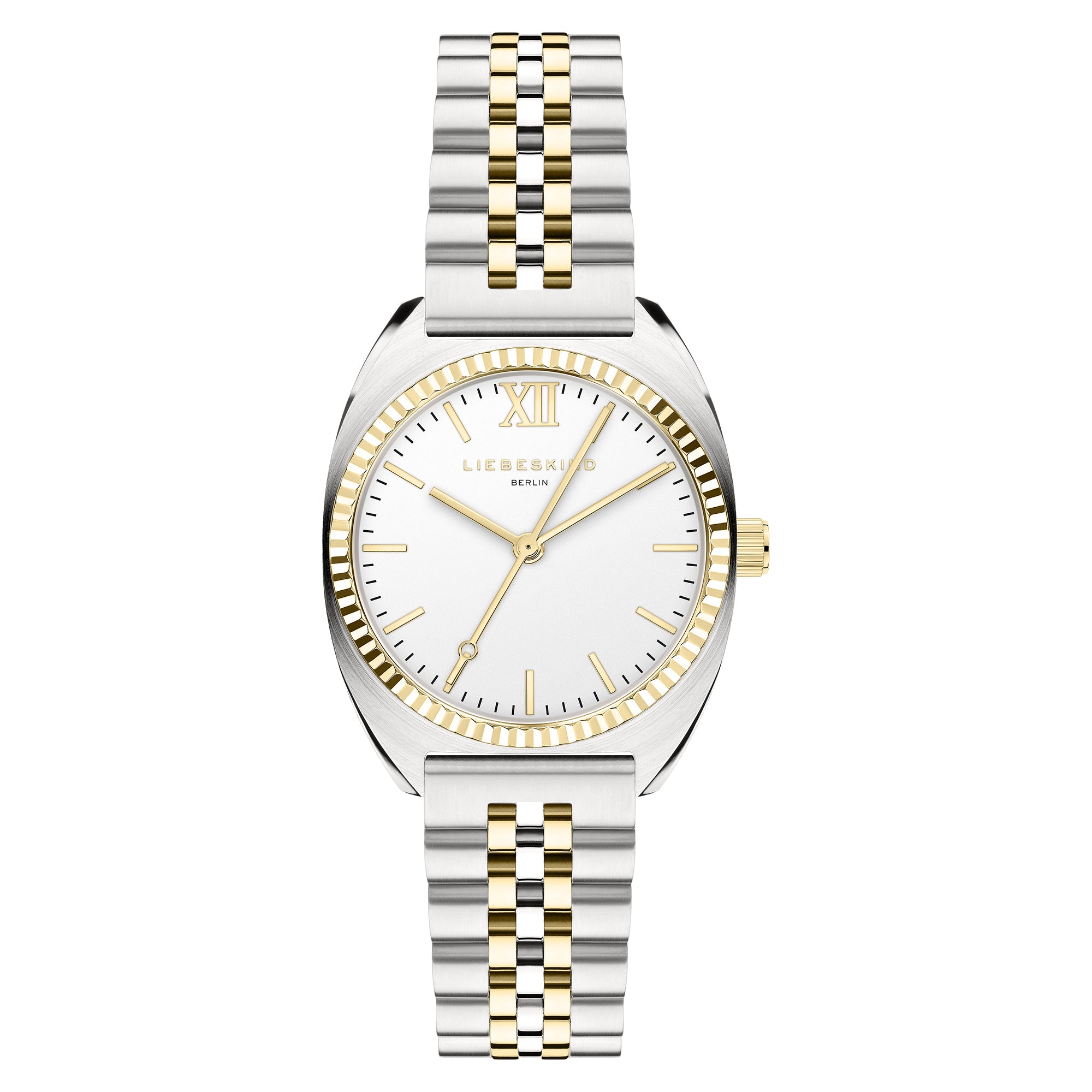 Liebeskind Berlin Armbanduhr mit kleinem silbernem Gehäuse, gold glänzend-geriffeltem Topring und bicolor Edelstahlband in gold und silber Produktbild