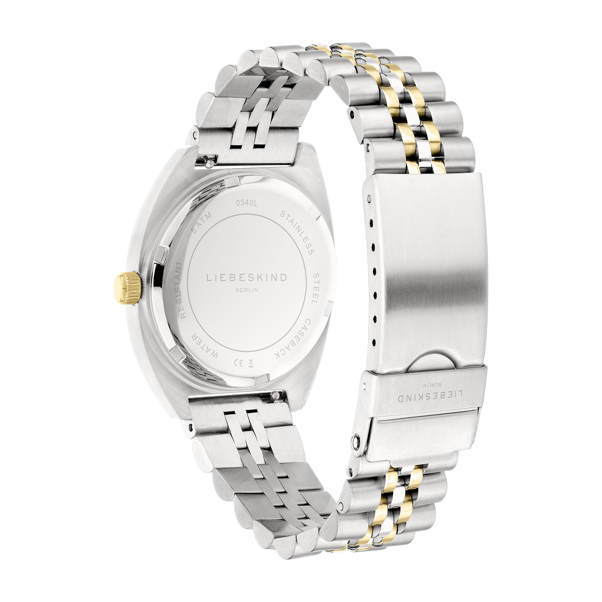 Liebeskind Berlin Armbanduhr mit kleinem silbernem Gehäuse, gold glänzend-geriffeltem Topring und bicolor Edelstahlband in gold und silber Rückansicht