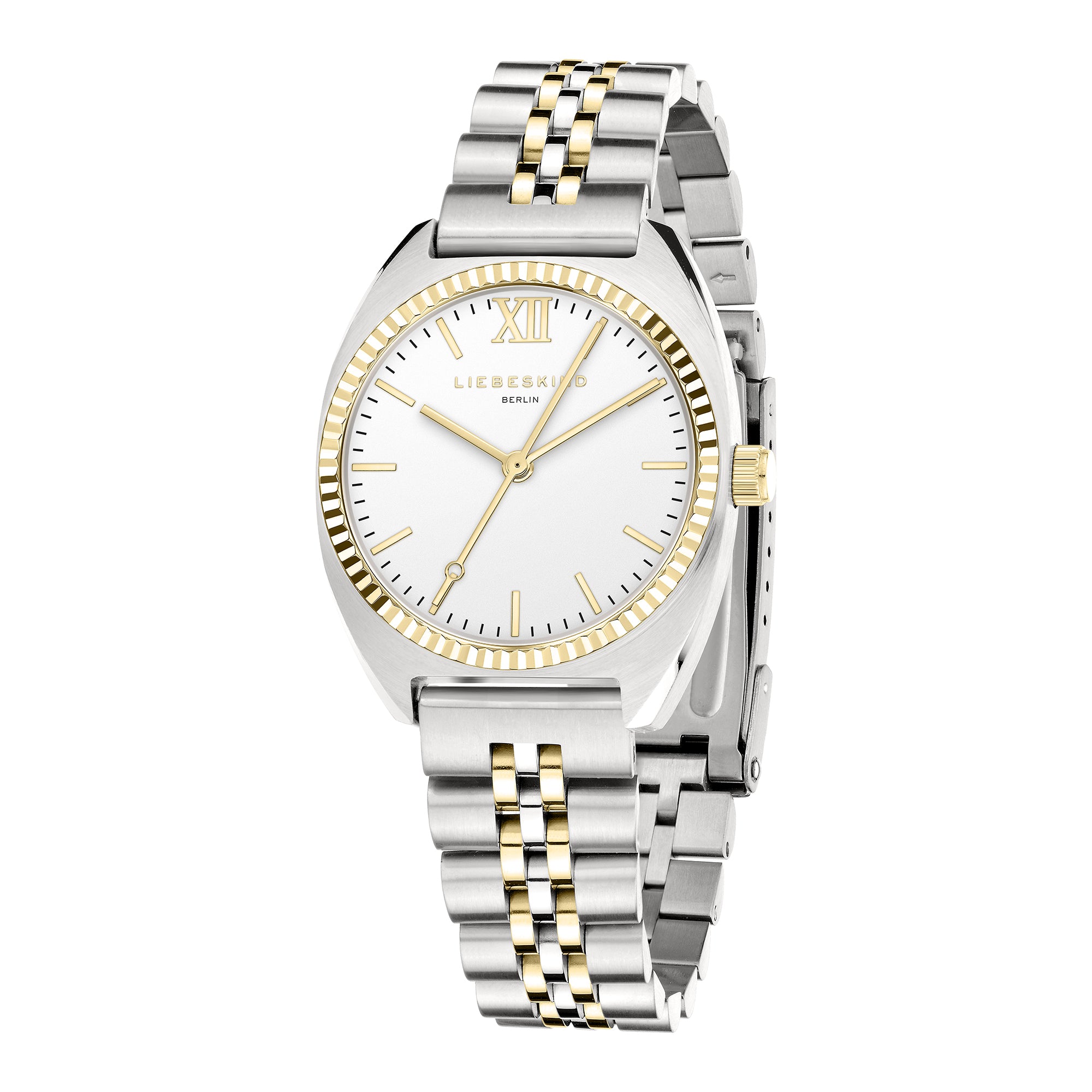Liebeskind Berlin Armbanduhr mit kleinem silbernem Gehäuse, gold glänzend-geriffeltem Topring und bicolor Edelstahlband in gold und silber Zusatzbild