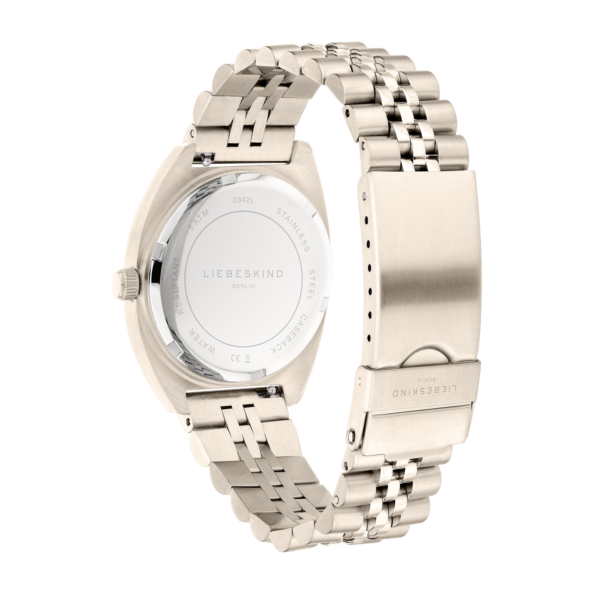 Liebeskind Berlin Armbanduhr mit kleinem Gehäuse, glänzend-geriffeltem Topring und Edelstahlband in der Farbe frozen rosé Rückansicht