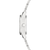 Liebeskind Berlin Armbanduhr mit kleinem silbernem Gehäuse, glänzend-geriffeltem Topring und silbernem Edelstahlband Seitenansicht