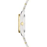 Liebeskind Berlin Armbanduhr mit kleinem silbernem Gehäuse, gold glänzend-geriffeltem Topring und bicolor Edelstahlband in gold und silber Seitenansicht