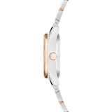 Liebeskind Berlin Armbanduhr mit kleinem silbernem Gehäuse, roségold glänzend-geriffeltem Topring und bicolor Edelstahlband in silber und roségold Seitenansicht