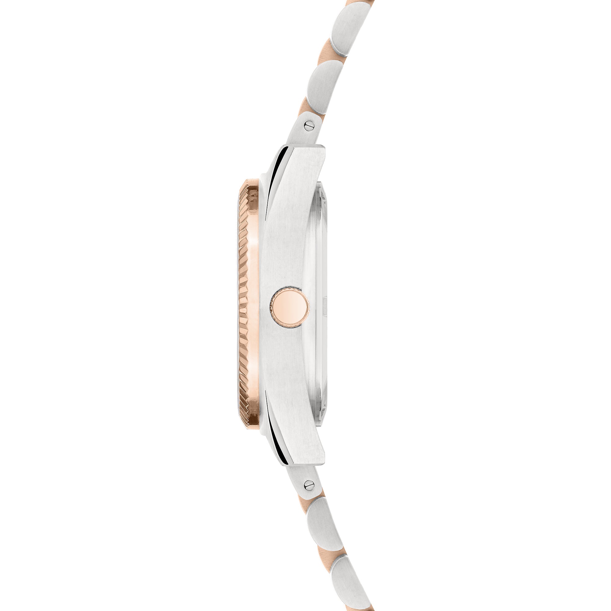 Liebeskind Berlin Armbanduhr mit kleinem silbernem Gehäuse, roségold glänzend-geriffeltem Topring und bicolor Edelstahlband in silber und roségold Seitenansicht