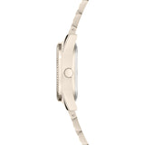 Liebeskind Berlin Armbanduhr mit kleinem Gehäuse, glänzend-geriffeltem Topring und Edelstahlband in der Farbe frozen rosé Seitenansicht