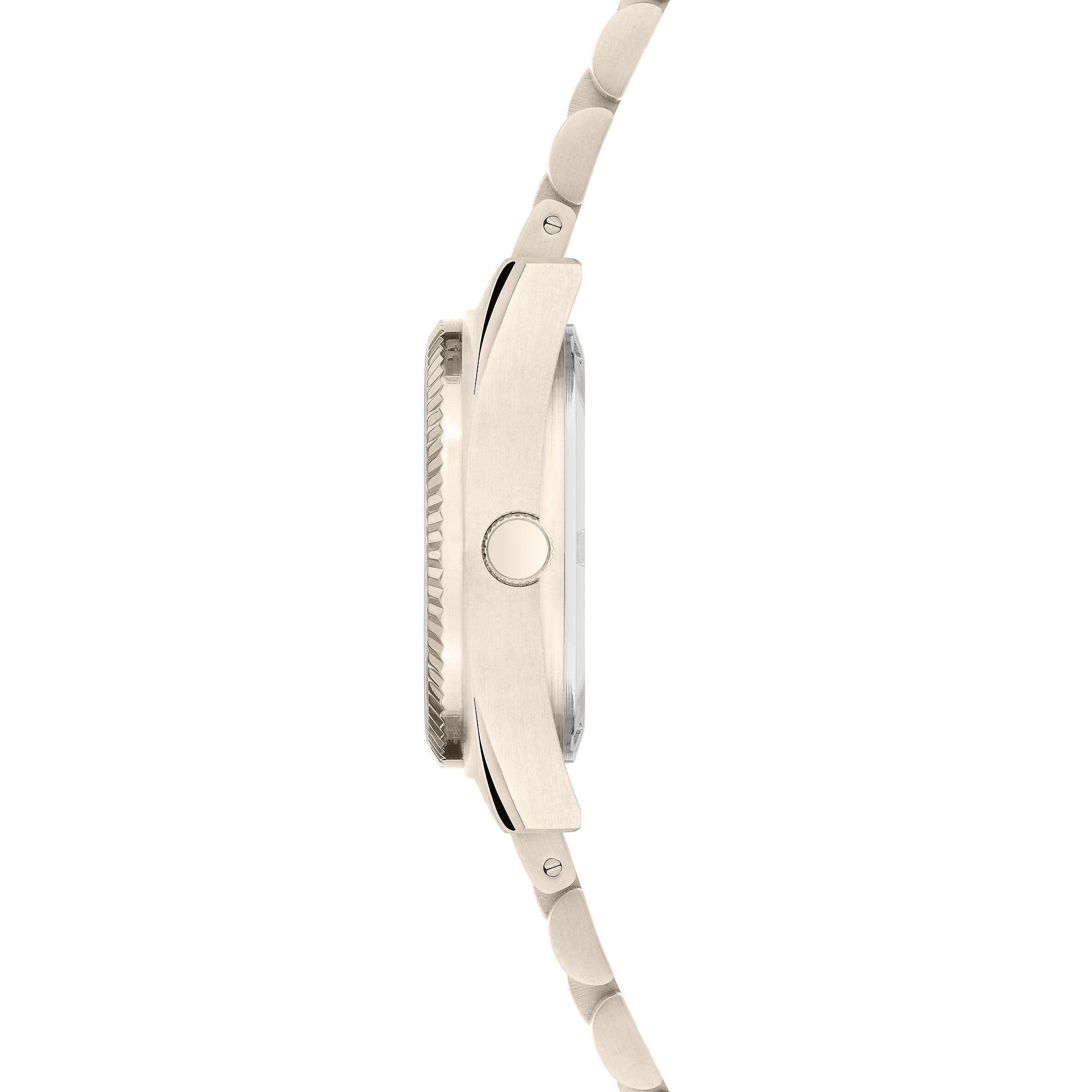 Liebeskind Berlin Armbanduhr mit kleinem Gehäuse, glänzend-geriffeltem Topring und Edelstahlband in der Farbe frozen rosé Seitenansicht