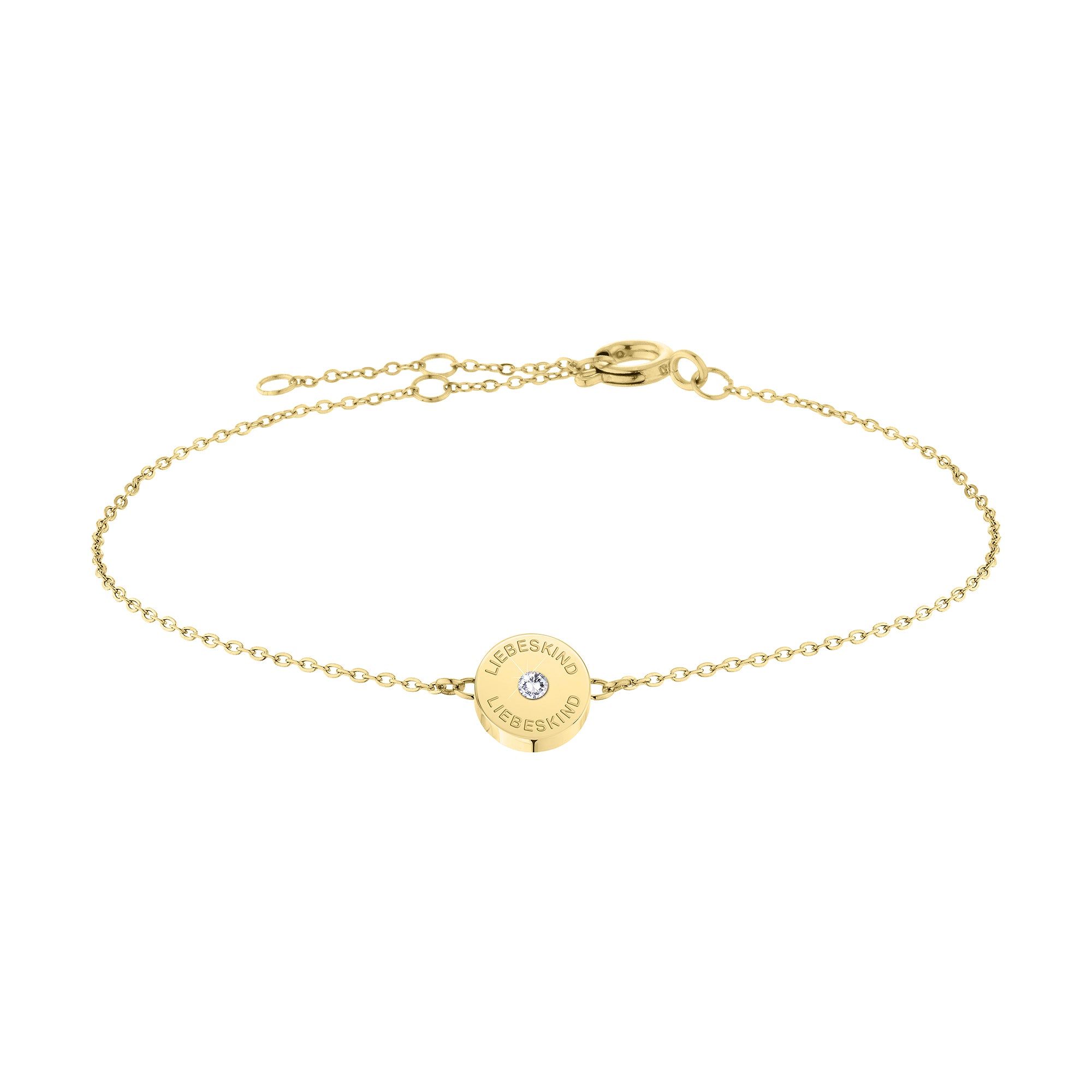 Liebeskind Berlin Armband bestehend aus einer filigranen, goldenen Kette mit einem Anhänger mit Logoaufdruck und einem zentrierten Zirkoniastein; Produktbild