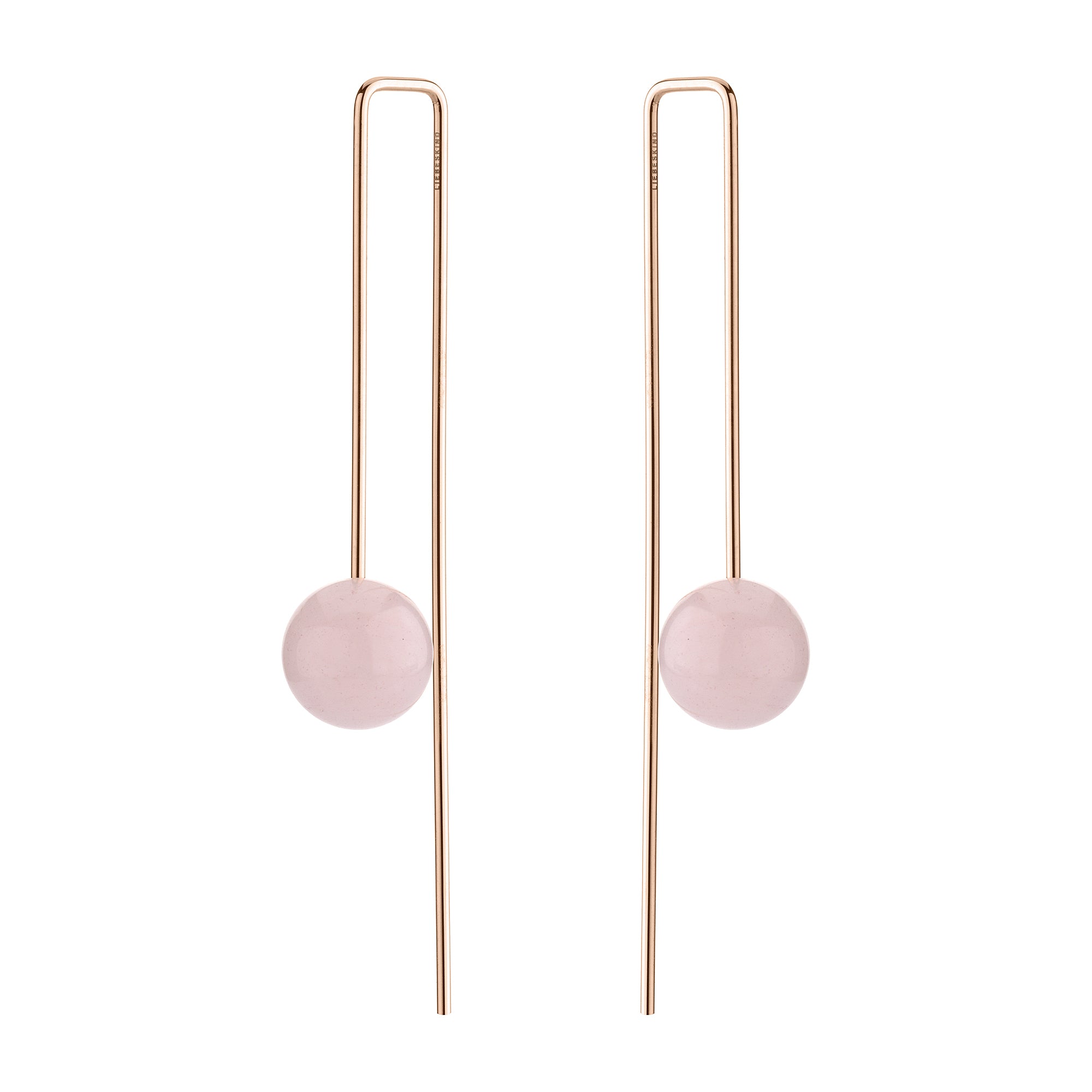 Liebeskind Berlin Ohrhänger in roségold mit filigranem, langem Stabdesign und Beads Anhänger aus Rosenquarz oder Mondstein; Produktbild