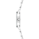 Seitenansicht der Tamaris Armbanduhr - The Modern Classic by Tamaris, eine schlanke silberne Damenuhr mit silbernem Finish, runder Krone und schlichtem Edelstahlarmband - perfekt für jeden Anlass.