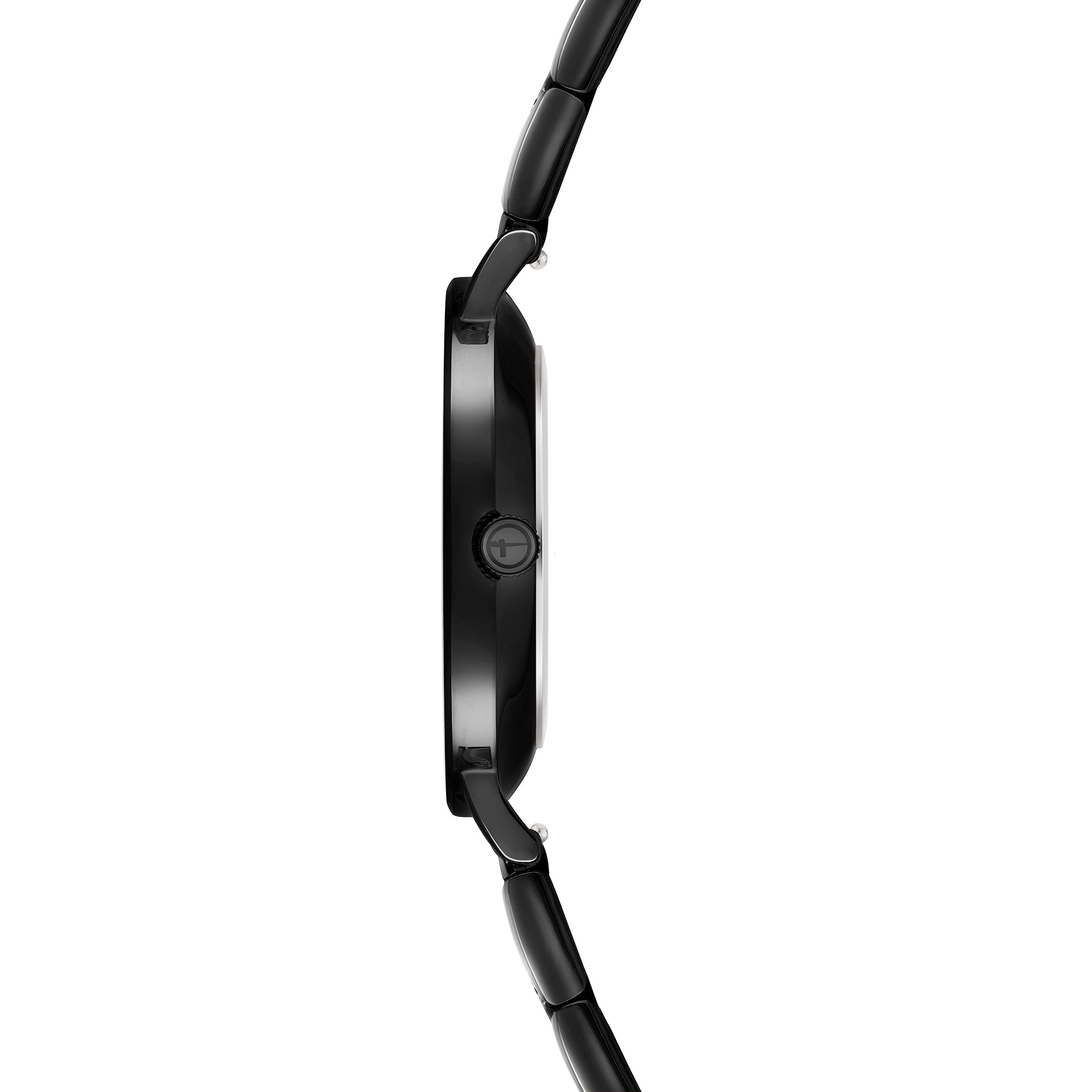 Tamaris Armbanduhr mit schwarzem Zifferblatt, schwarzem Gehäuse und schwarzem Edelstahlband mit partiellem Logomania-Lasering Seitenansicht