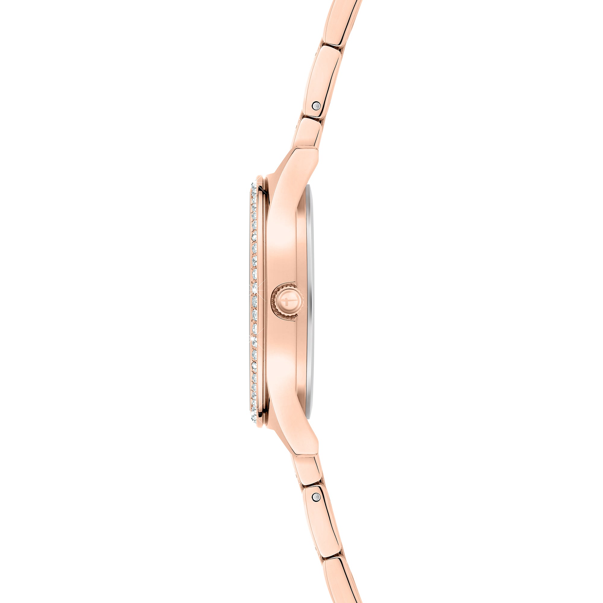 Seitenansicht der Tamaris Armbanduhr - The Modern Classic in Roségold von Tamaris mit schlankem Gehäuse, juwelenbesetzter Lünette und elegantem Edelstahlarmband.