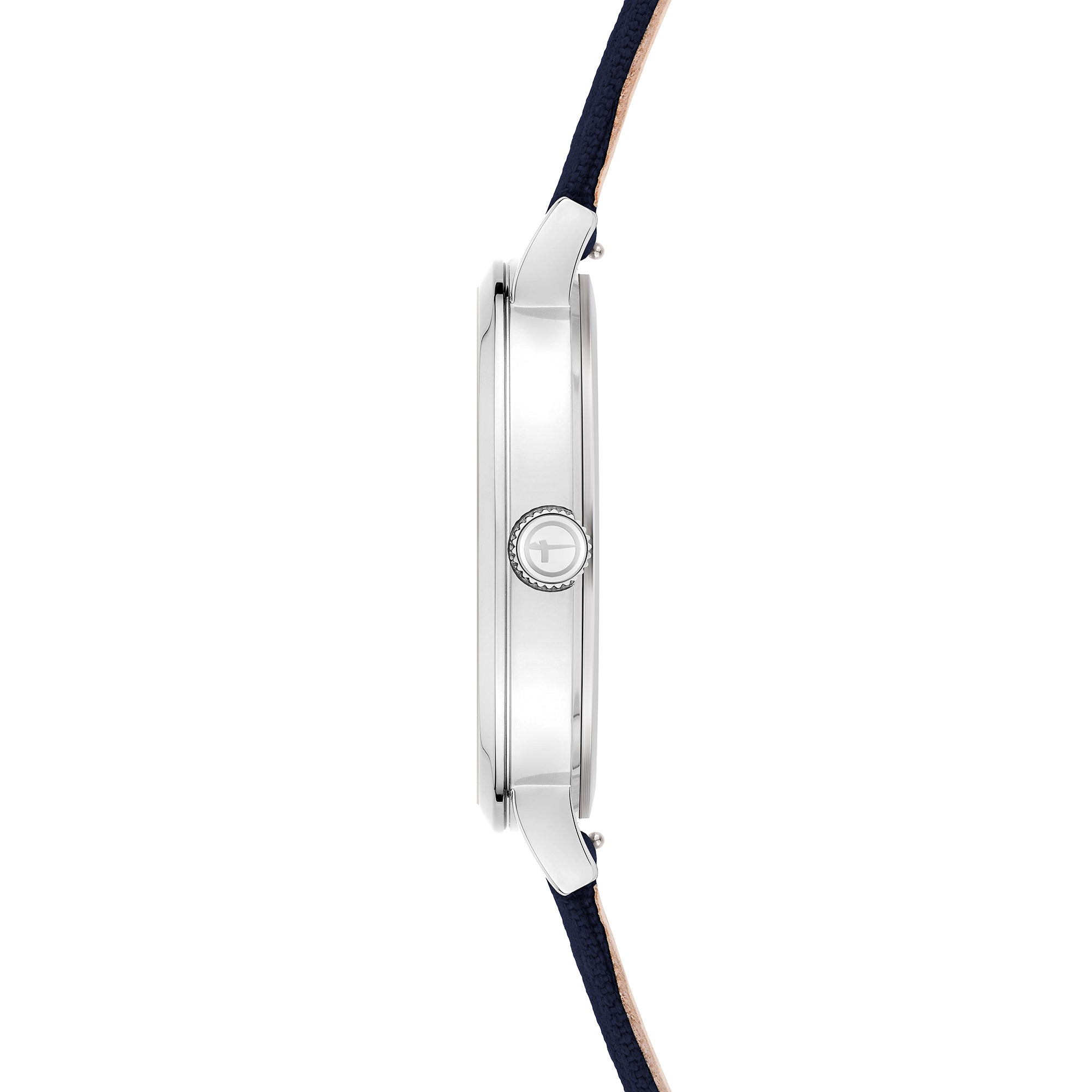 Tamaris Armbanduhr mit silbernem Gehäuse und blauem Stoffband; Seitenansicht