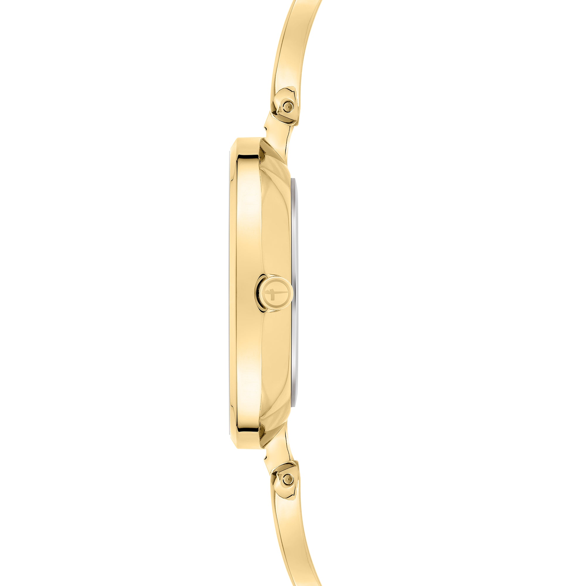Tamaris Armbanduhr mit silbernem Ziffernblatt, goldenem Gehäuse und goldenem Schmuckband Seitenansicht