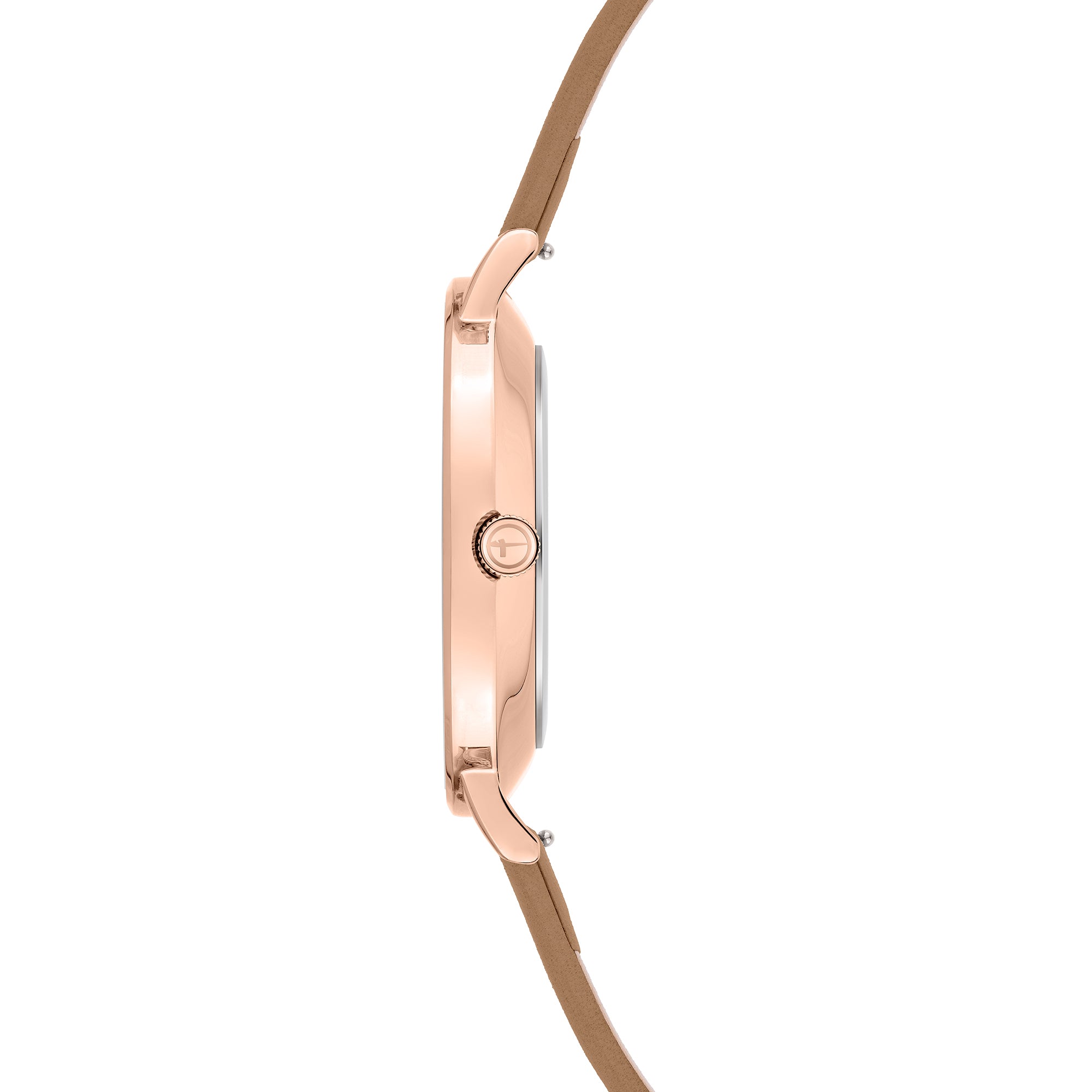 Tamaris Armbanduhr mit roségoldenem Gehäuse und braunem Lederarmband Seitenansicht