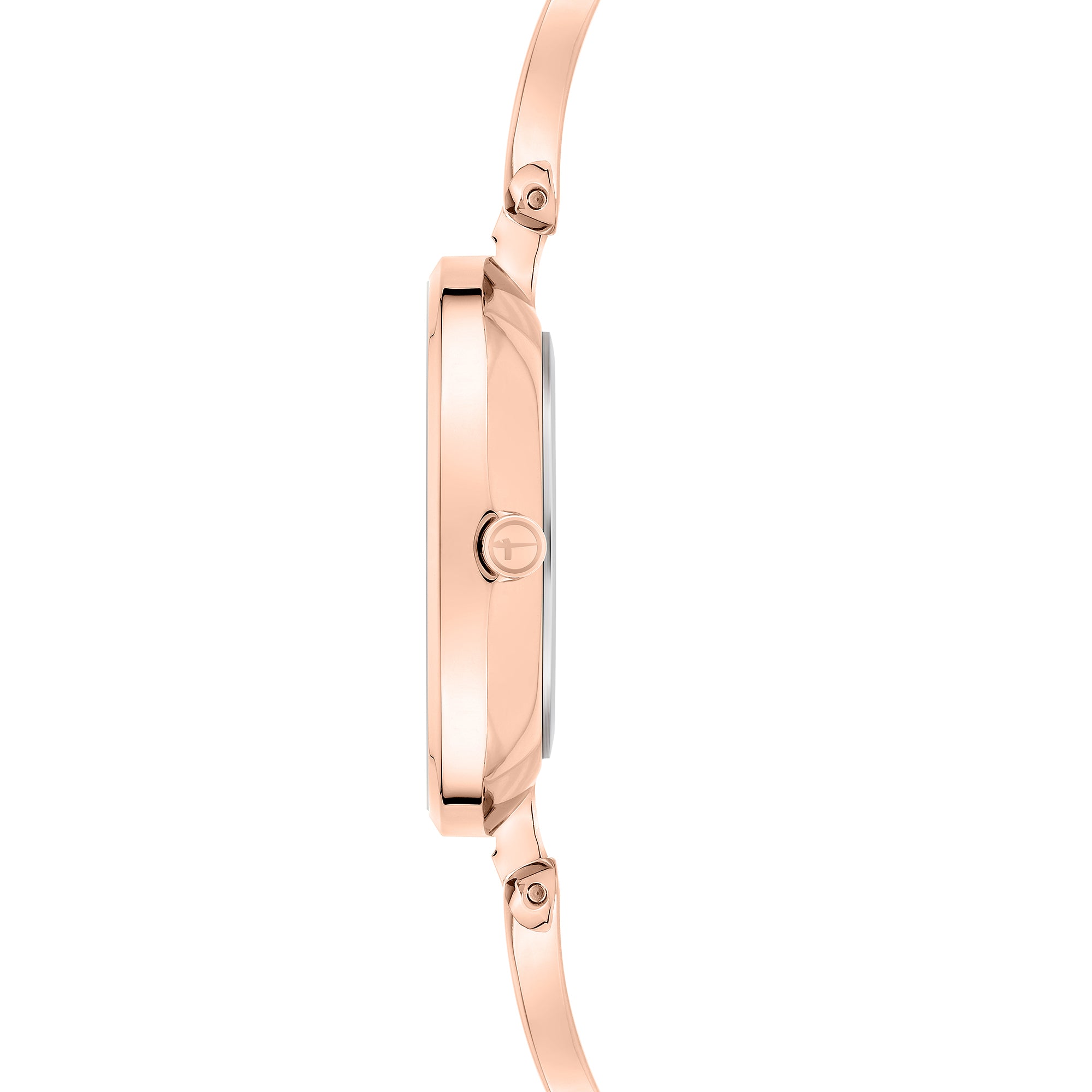 Tamaris Armbanduhr mit silbernem Ziffernblatt, roségoldenem Gehäuse und roségoldenem Schmuckband Seitenansicht
