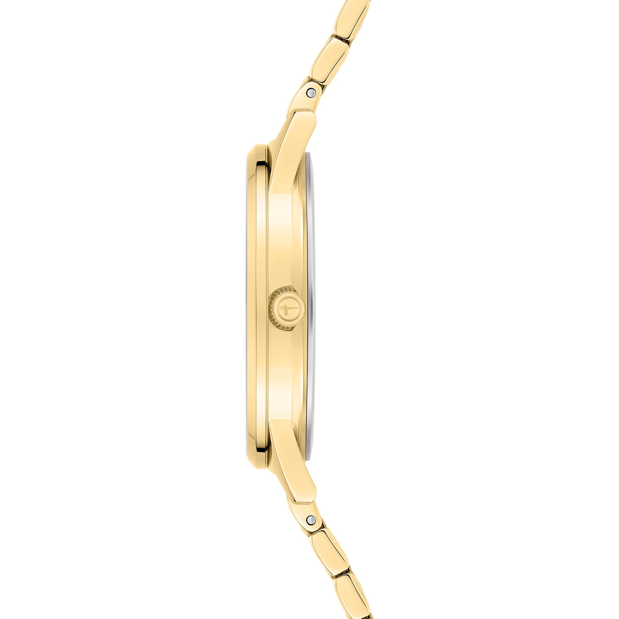Tamaris Armbanduhr mit silbernem Zifferblatt, goldenem Gehäuse und goldenem Edelstahlband Seitenansicht