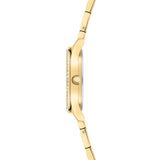 Tamaris Armbanduhr mit silbernem Zifferblatt, goldenem Gehäuse mit glassteinbesetzter Lünette und goldenem Edelstahlband Seitenansicht