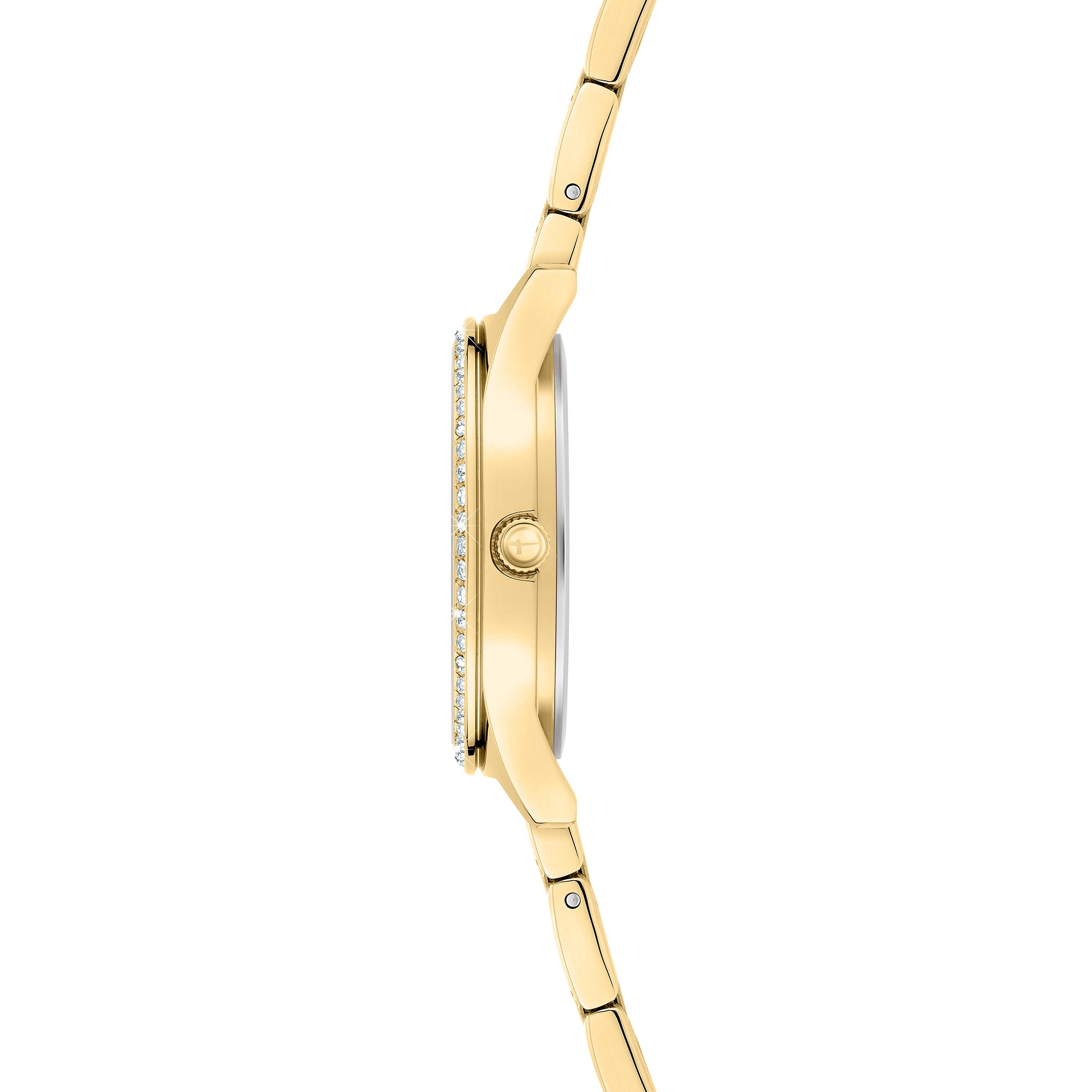 Tamaris Armbanduhr mit silbernem Zifferblatt, goldenem Gehäuse mit glassteinbesetzter Lünette und goldenem Edelstahlband Seitenansicht
