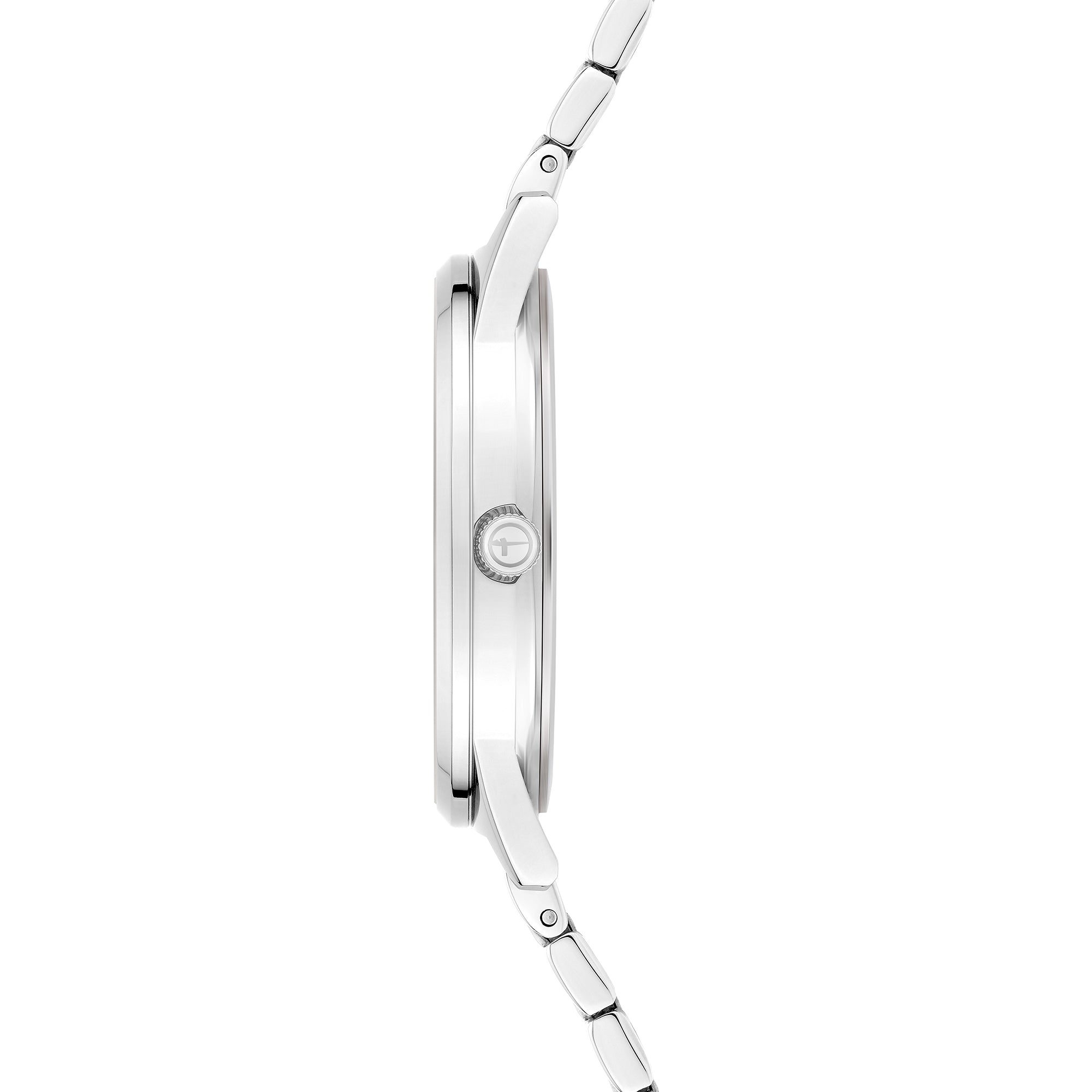 Tamaris Armbanduhr mit Zifferblatt in Marmoroptik, silbernem Gehäuse und silbernem Edelstahlband Seitenansicht