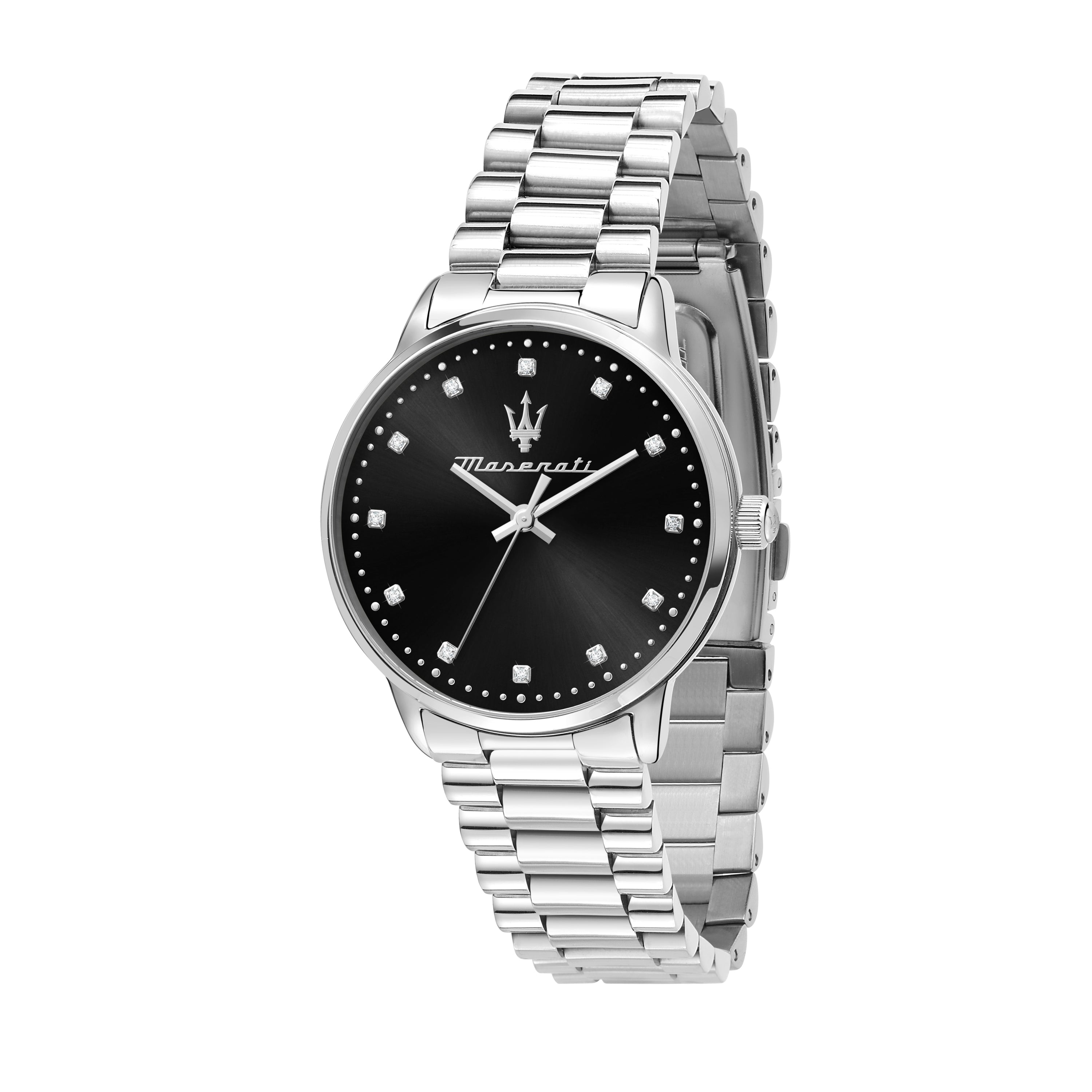 Maserati Armbanduhr mit schwarzem Zifferblatt, silbernem Gehäuse und silbernem Edelstahlband Produktbild
