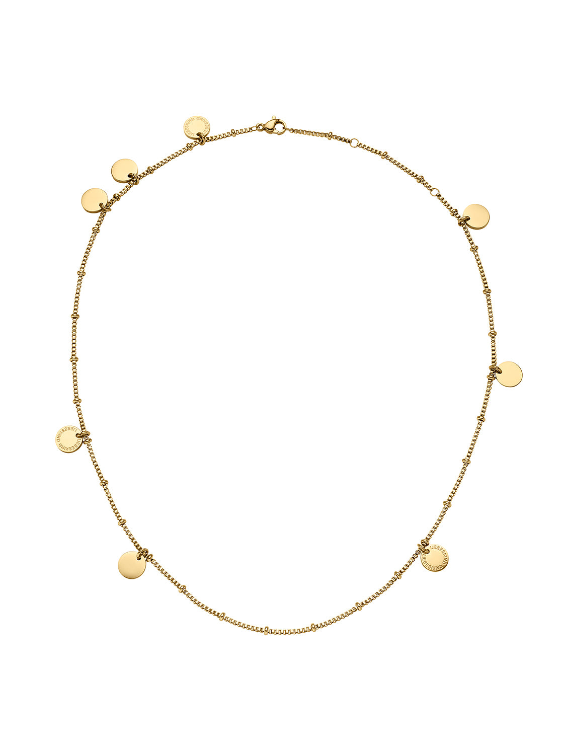Liebeskind Berlin Halskette bestehend aus einer goldenen Venezianerkette und acht kleinen, runden Edelstahlplättchen; Zusatzbild