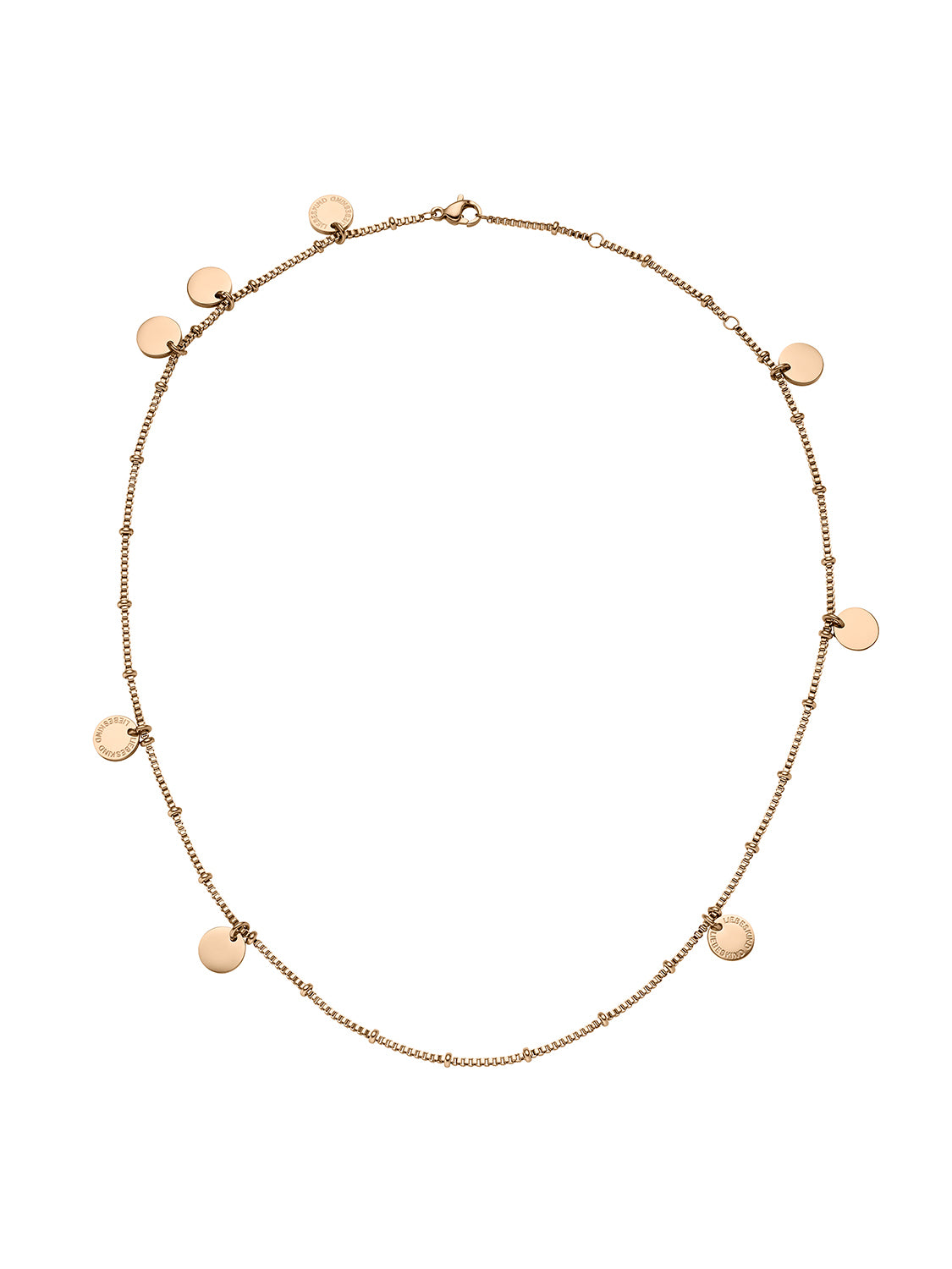 Liebeskind Berlin Halskette bestehend aus einer roségoldenen Venezianerkette und acht kleinen, runden Edelstahlplättchen; Zusatzbild