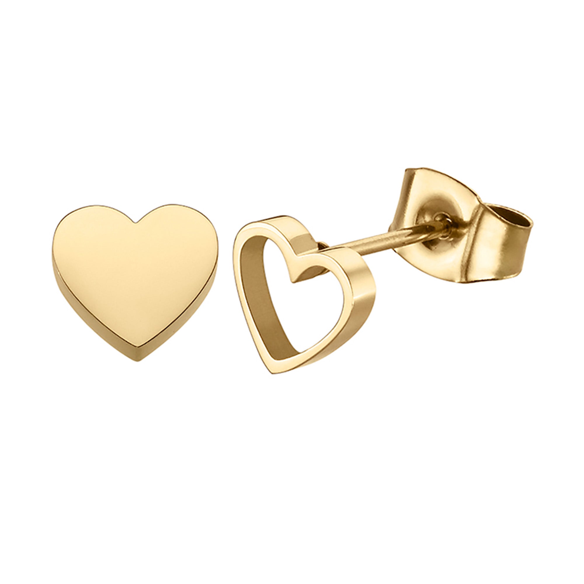 LIEBESKIND BERLIN Ohrstecker - In Liebe: Goldene Ohrstecker in Herzform - einer massiv, einer mit Kontur - mit Schmetterlingsverschluss. Eleganter Edelstahlschmuck von Liebeskind Berlin für moderne Frauen, die stilvolle Akzente lieben.