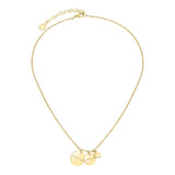 Liebeskind Berlin Halskette bestehend aus einer filigranen, goldenen Kette mit einem kleinen Herzanhänger und zwei gravierten, runden Plättchenanhängern; Produktbild