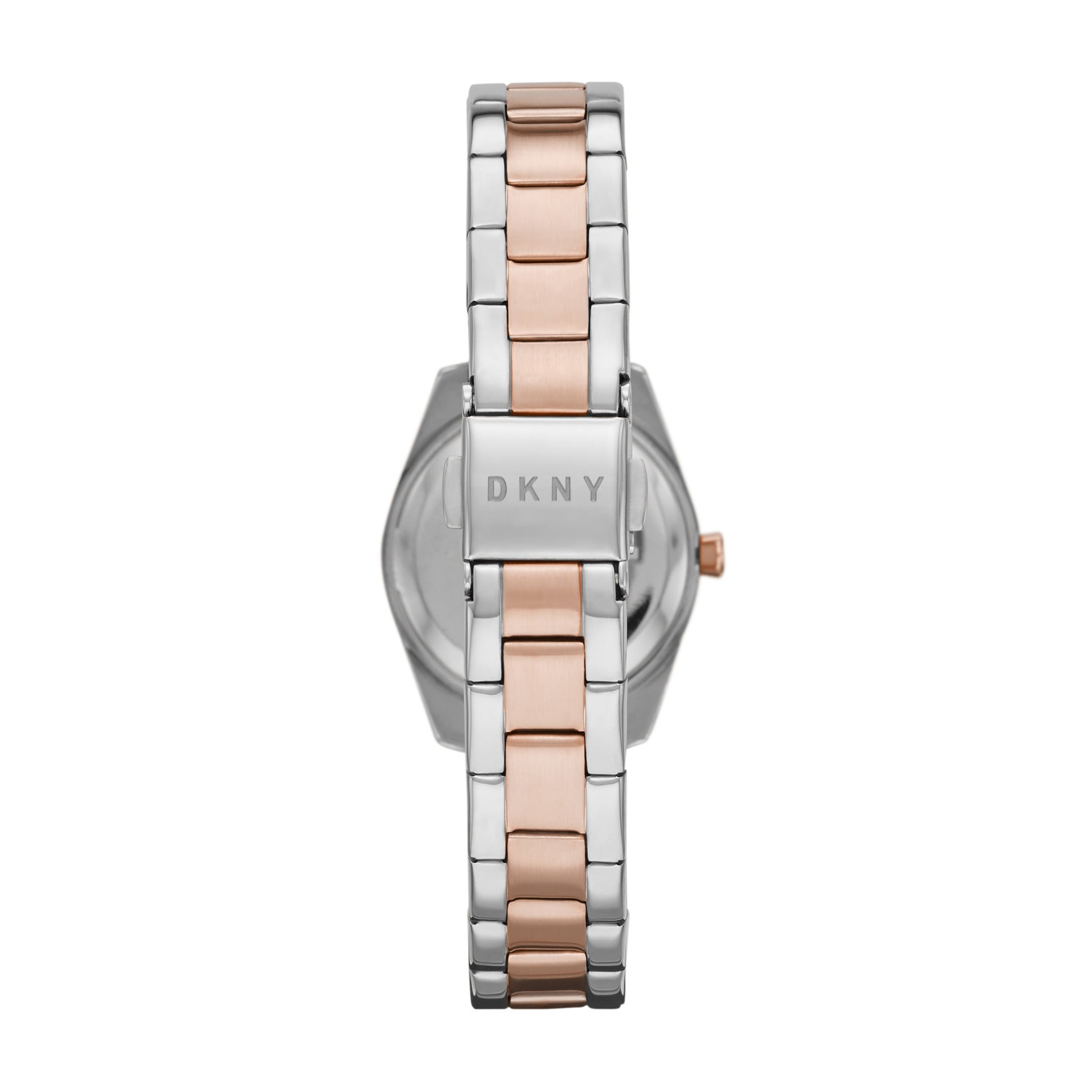 Die DKNY Armbanduhr - Nolita Dreizeiger-Edelstahluhr verfügt über ein silbernes und roségoldenes Band mit einer Schließe, auf der das DKNY-Logo abgebildet ist (von hinten).