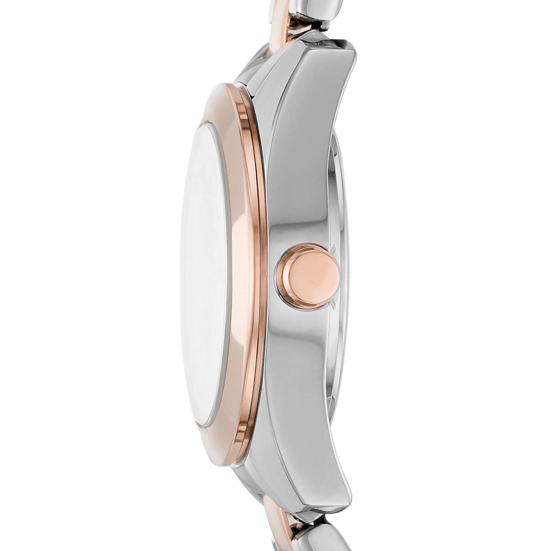 Seitenansicht der DKNY Armbanduhr - Nolita Dreizeiger-Edelstahluhr in Silber und Roségold, die die Krone und das elegante Gehäusedesign zeigt.