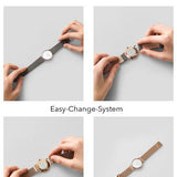 Die Hände zeigen, wie man das Armband einer Liebeskind Berlin Uhr mit dem LIEBESKIND BERLIN Uhrenband - Easy Change System wechselt.