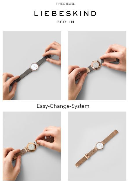 Die Hände zeigen, wie man das Armband einer Liebeskind Berlin Uhr mit dem LIEBESKIND BERLIN Uhrenband - Easy Change System wechselt.