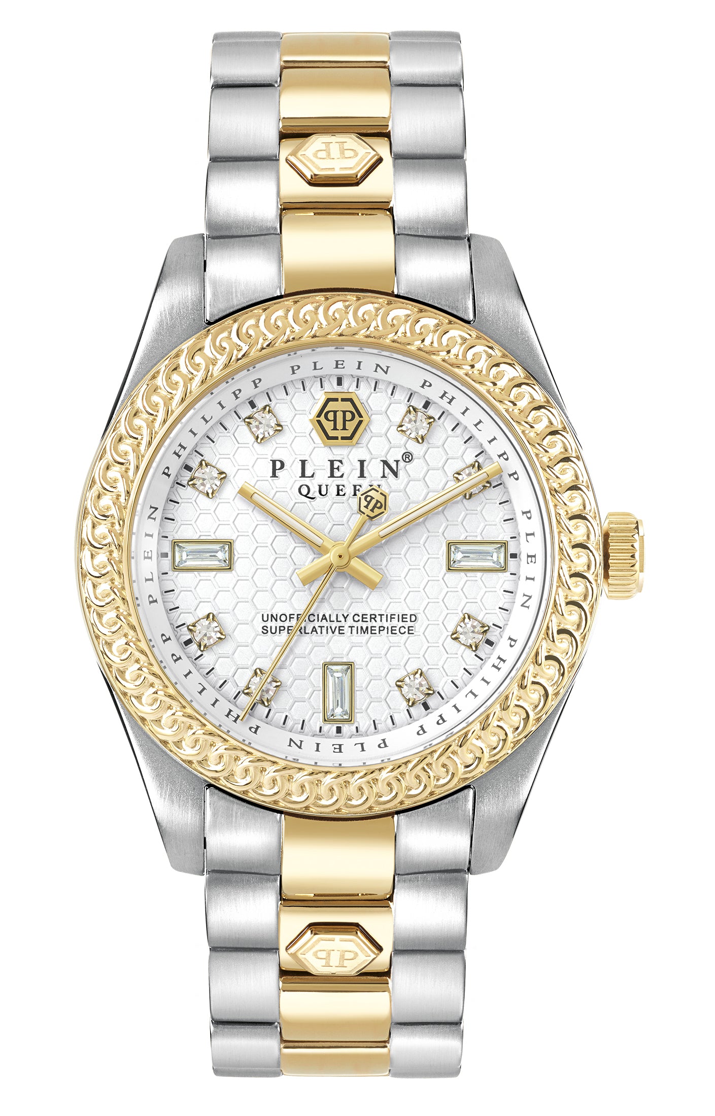 Philipp Plein Armbanduhr mit weißem Zifferblatt mit hexagonalem Muster und funkelnden sowie goldenen Akzenten, silbernem Gehäuse mit einem goldverziertem Topring und zweifarbigem Edelstahlband in Gold und Silber Produktbild