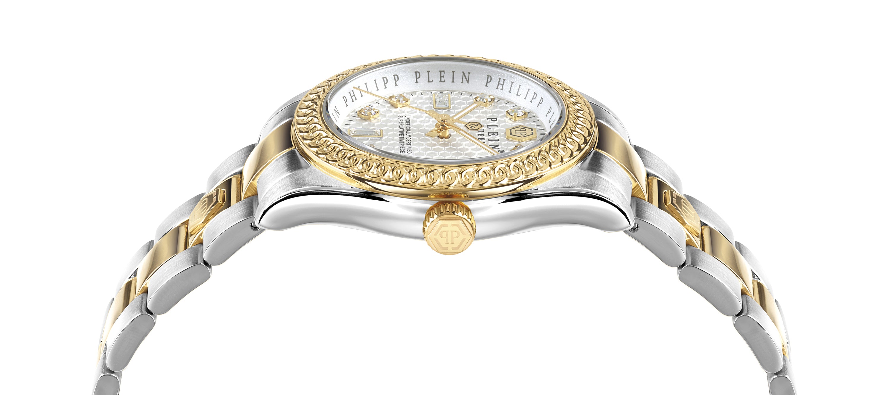 Philipp Plein Armbanduhr mit weißem Zifferblatt mit hexagonalem Muster und funkelnden sowie goldenen Akzenten, silbernem Gehäuse mit einem goldverziertem Topring und zweifarbigem Edelstahlband in Gold und Silber Produktbild