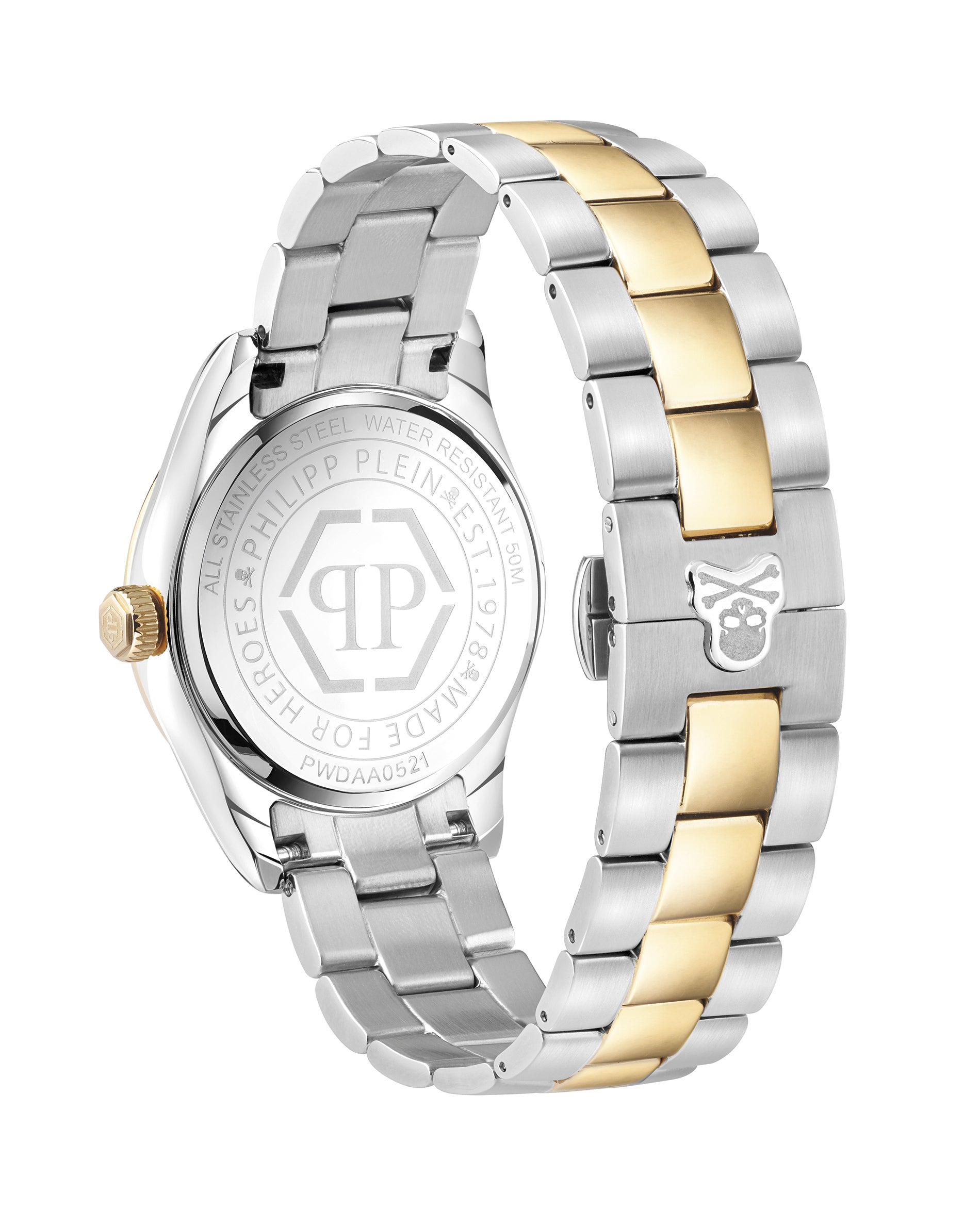 Philipp Plein Armbanduhr mit weißem Zifferblatt mit hexagonalem Muster und funkelnden sowie goldenen Akzenten, silbernem Gehäuse mit einem goldverziertem Topring und zweifarbigem Edelstahlband in Gold und Silber Produktbild