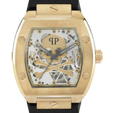 Die Philipp Plein Armbanduhr - The Golden $keleton ist eine goldene Herrenarmbanduhr aus der Skeleton-Kollektion mit schwarzem Armband, skelettiertem Ziffernblatt und sichtbaren Zahnrädern in einem transparenten Gehäuse für kühnen Stil.