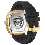 Die Philipp Plein Armbanduhr - The Golden $keleton zeichnet sich durch Gold- und Silbertöne, ein schwarzes, perforiertes Armband und ein sichtbares mechanisches Innenleben aus und ist von der Skeleton-Kollektion inspiriert.